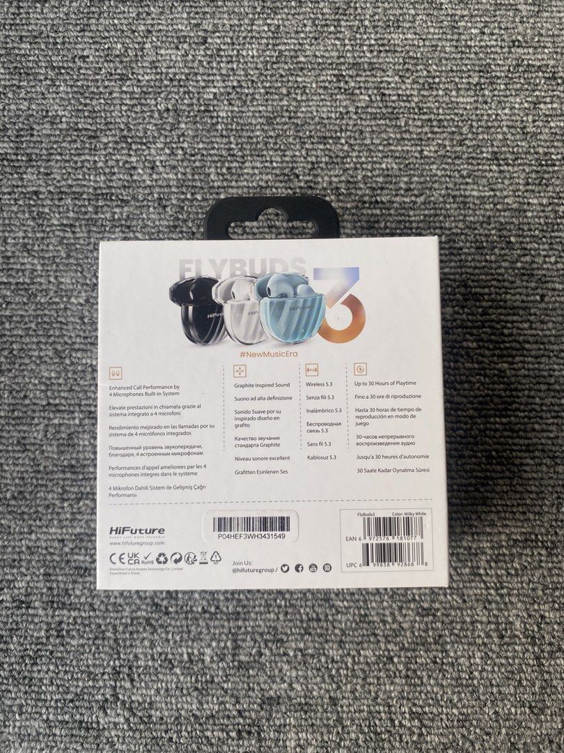 HiFuture Flybuds 3 Wireless Earbuds White (Category: Earphones) located in San Juan City. Submitted by mightycrystal_4094bb (Listing ID 1461483771, Image 2). Description: - HiFuture Flybuds 3 in White - Up to 30 hours total playtime with charging case - Enhanced call clarity with 4 microphones - Graphite-inspired sound for immersive audio - Latest Bluetooth 5.3 connectivity - Charging cable included.