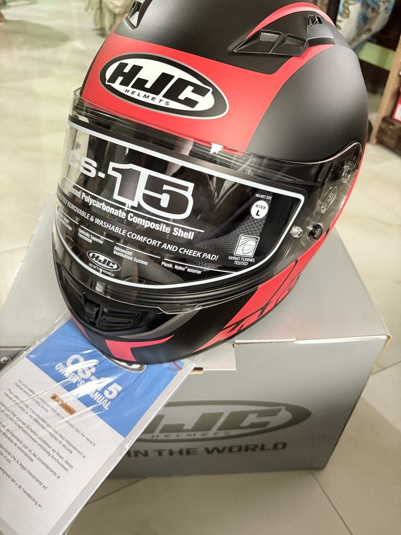 HJC CS-15 Polycarbonate Composite Shell Helmet (Category: Helmets and other Riding Gears) located in Caloocan City. Submitted by fierce_mica29 (Listing ID 1461397893, Image 2). Description: - HJC CS-15 Helmet -BNEW - Size: Large (L) - Shell: Polycarbonate composite - Interior: Removable and washable comfort/cheek pads - Features: Advanced ventilation system, plush interior - Tested: Wind tunnel tested for optimal performance.