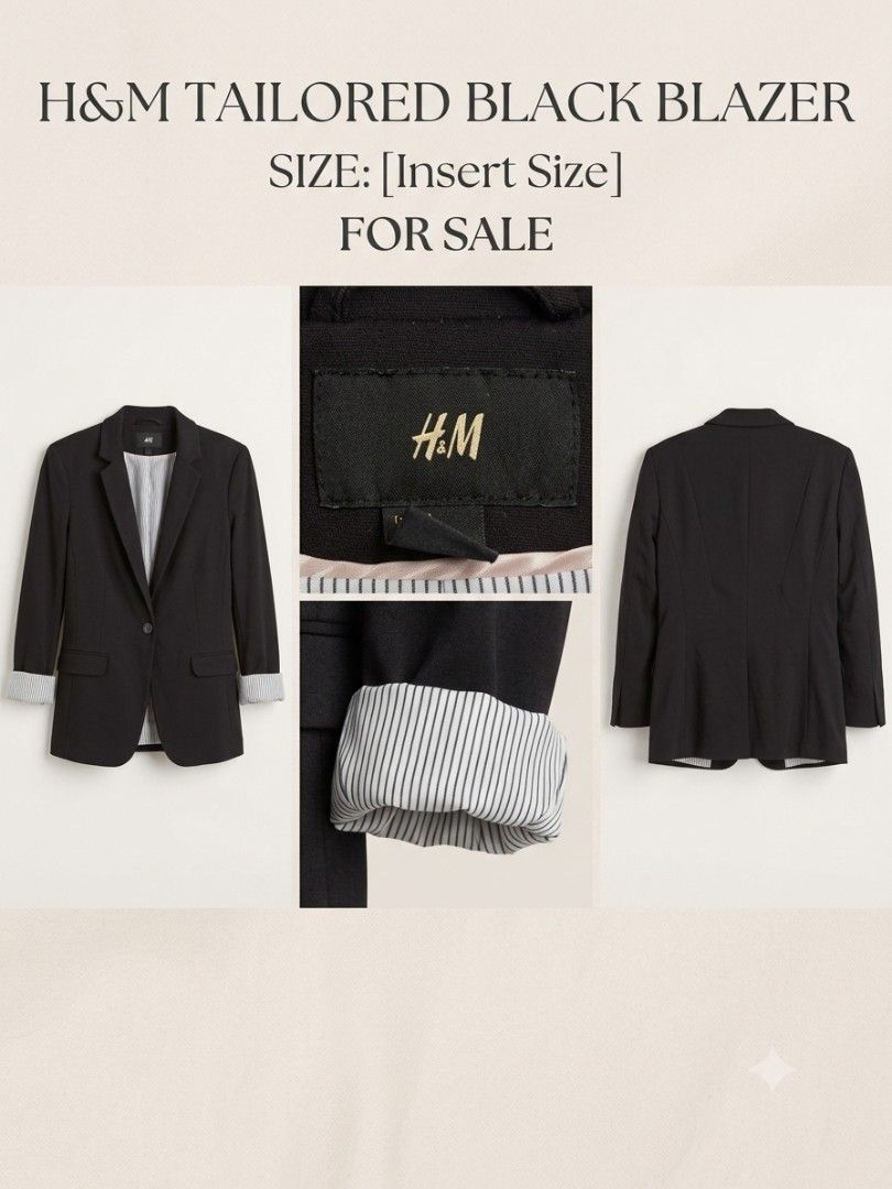 H&M Tailored Black Blazer with Striped Lining (Category: Coats, Jackets and Outerwear) located in Bulacan. Submitted by ditchandswitch (Listing ID 1461417878, Image 1). Description: - Classic black blazer from H&M - Smart tailored fit - Contrasting striped lining - Roll-up cuffs to show lining - Perfect for smart casual or office wear - Please note: there is a tear in the inner lining.