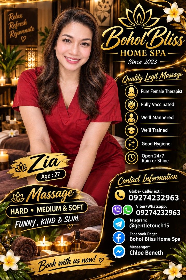 Home & Hotel Service Massage Bohol (Category: Massage Devices) located in Manila. Submitted by miasterlingmassage (Listing ID 1461336010, Image 3). Description: Bohol Bliss Home Spa Home & Hotel Service Massage Bohol Fully Vaccinated We'll Mannered We'll Trained Good Hygiene Open 24/7 Rain or Shine Quality Legit Massage Pure Female Therapist.