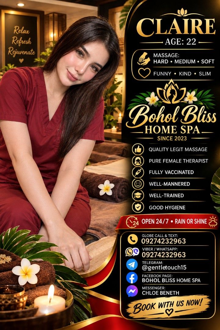 Home & Hotel Service Massage Bohol (Category: Massage Devices) located in Manila. Submitted by miasterlingmassage (Listing ID 1461336010, Image 1). Description: Bohol Bliss Home Spa Home & Hotel Service Massage Bohol Fully Vaccinated We'll Mannered We'll Trained Good Hygiene Open 24/7 Rain or Shine Quality Legit Massage Pure Female Therapist.