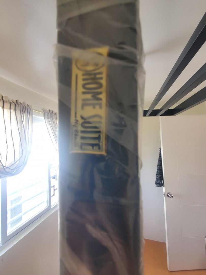 Home Suite Single Bed Frame (Category: Bed Frames & Mattresses) located in Caloocan City. Submitted by oddyseyyyy (Listing ID 1461327658, Image 3). Description: Home suite single bed frame in Gray color horizontal head board.