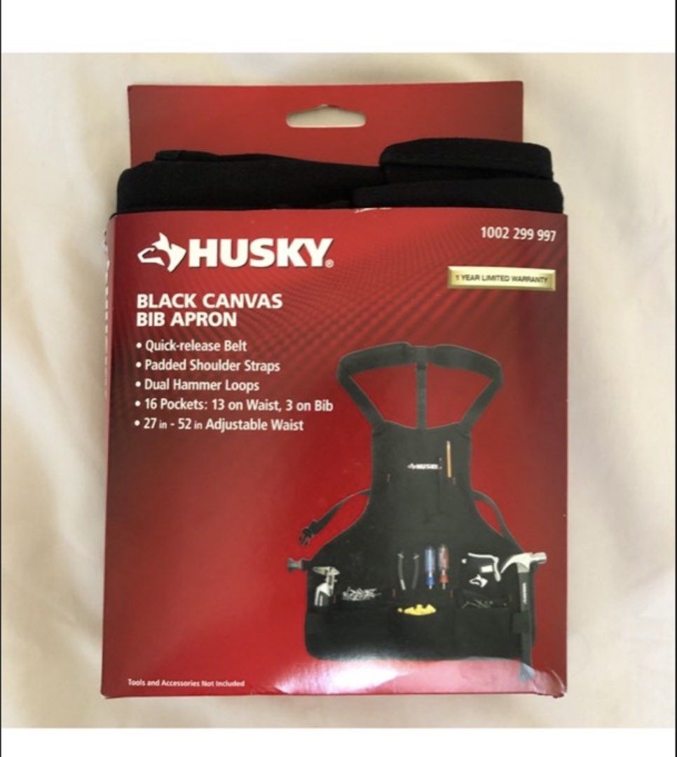 Husky Black Canvas Bib Apron 16 Pockets (Category: Activewear) located in Muntinlupa City. Submitted by bendaydots (Listing ID 1461400137, Image 3). Description: - Durable black canvas bib apron - 16 total pockets (13 waist, 3 bib) for excellent tool organization - Comfortable padded shoulder straps - Convenient quick-release belt - Dual hammer loops for easy access - Adjustable waist size: fits 27 to 52 inches.