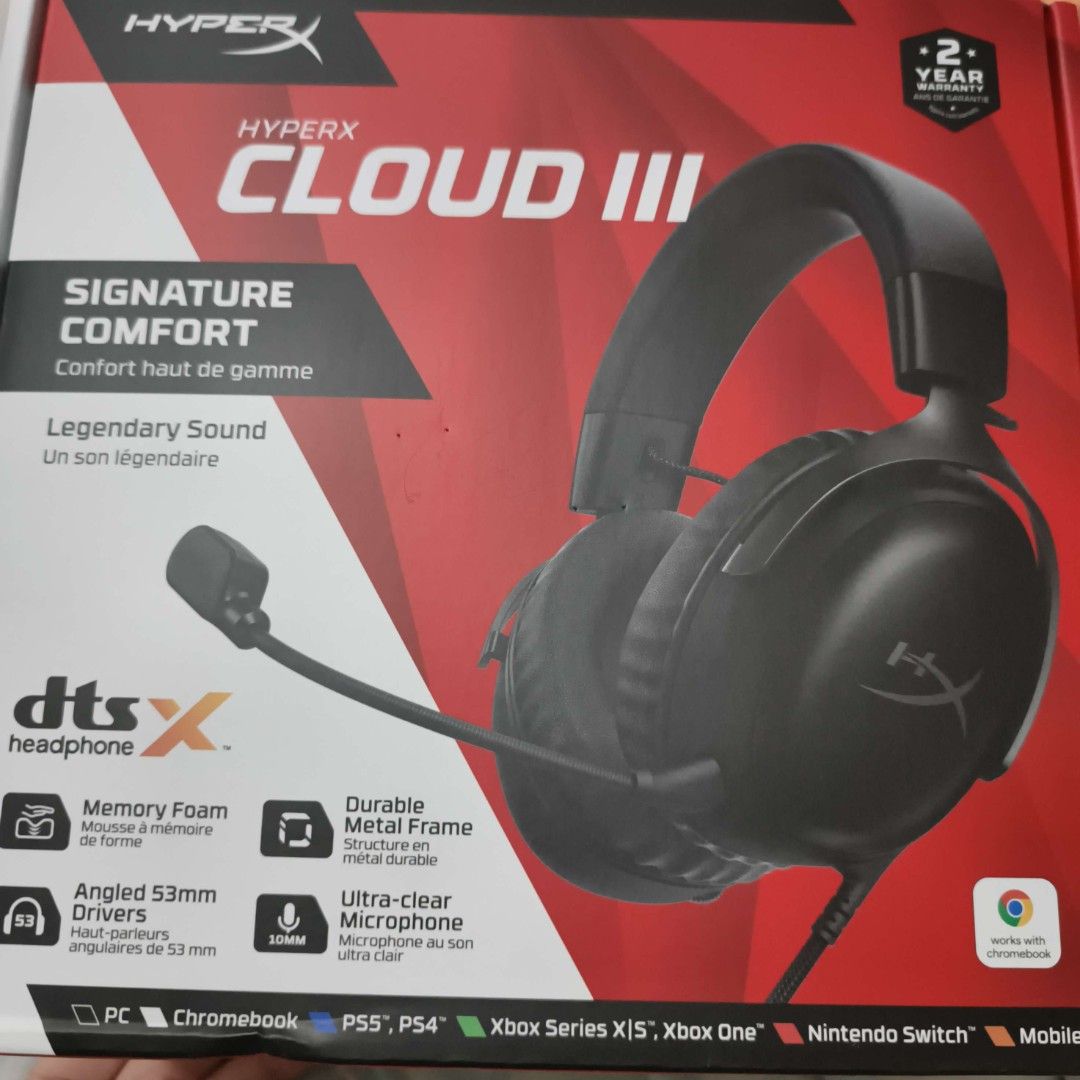 HyperX Cloud III Gaming Headset (Category: Headphones & Headsets) located in Telok Panglima Garang. Submitted by taifunsell (Listing ID 1461338321, Image 1). Description: (NO BOX) (CAN OFFER FOR A CHEAPER PRICE) - HyperX Cloud III Gaming Headset - Signature comfort with memory foam earcups - Legendary sound powered by DTS - Headphone:X - Durable metal frame for long-lasting use - Ultra-clear 10mm microphone for crisp communication - Immersive aud