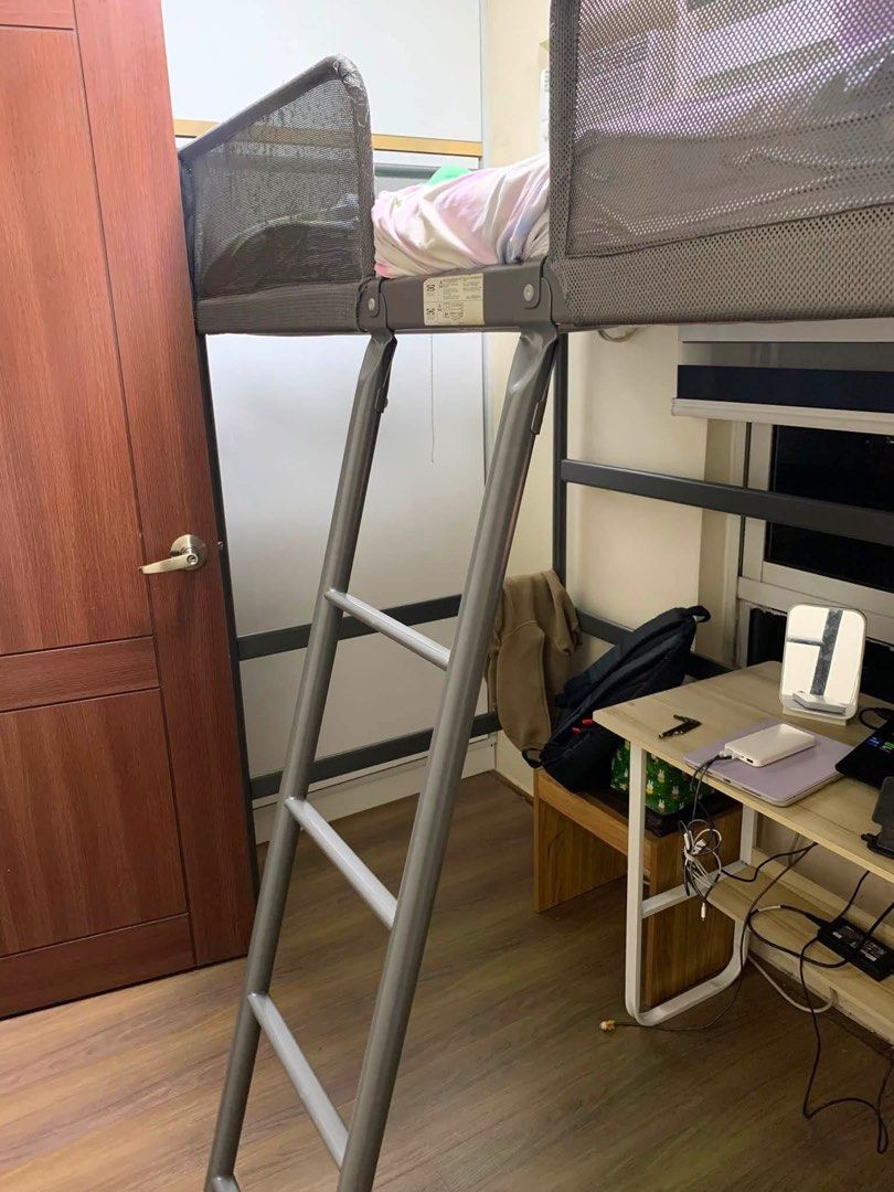 IKEA Tuffing Loft Bed (Category: Bed Frames & Mattresses) located in Quezon City. Submitted by jam_vie (Listing ID 1461483063, Image 3). Description: IKEA Tuffing Loft Bed Loft bed frame, gray color, 90x200cm bed frame Already disassembled and ready for pick up RFS: Need funds Flaws: Minor scratches at net because of cat .