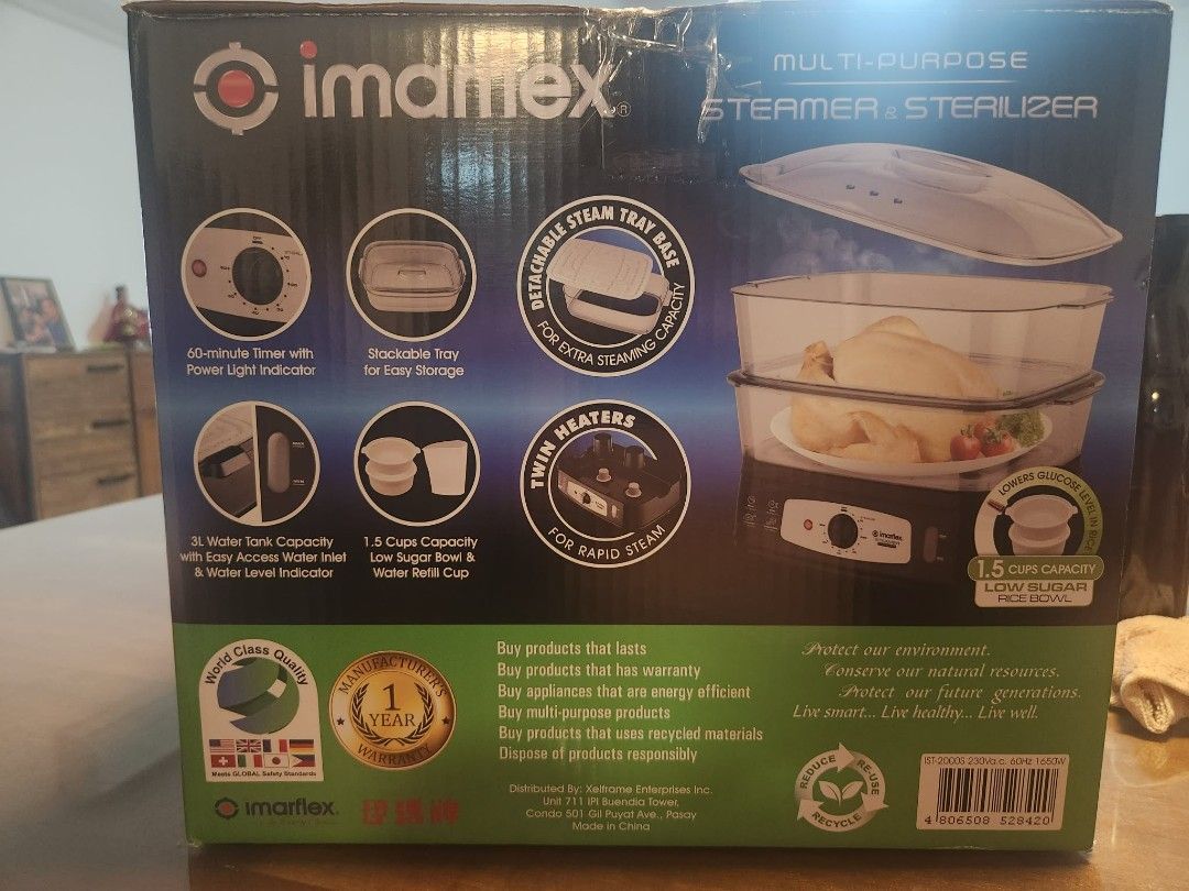 Imarflex Multi-Purpose Steamer & Sterilizer IST-2000S (Category: Other Kitchen Appliances) located in Las Pinas. Submitted by shinecandaba (Listing ID 1461401990, Image 3). Description: - Imarflex Multi-Purpose Steamer & Sterilizer - 20 Liters Capacity - Twin Heaters for Rapid Steam - 60-Minute Timer with Power Light Indicator - 3L Water Tank with Water Level Indicator - Includes Low Sugar Rice Bowl - Detachable Steam Tray Base for Extra Capacity