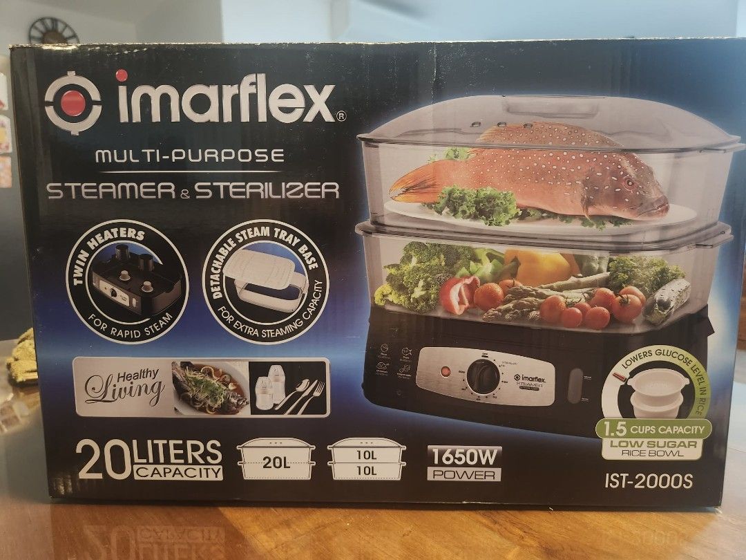Imarflex Multi-Purpose Steamer & Sterilizer IST-2000S (Category: Other Kitchen Appliances) located in Las Pinas. Submitted by shinecandaba (Listing ID 1461401990, Image 2). Description: - Imarflex Multi-Purpose Steamer & Sterilizer - 20 Liters Capacity - Twin Heaters for Rapid Steam - 60-Minute Timer with Power Light Indicator - 3L Water Tank with Water Level Indicator - Includes Low Sugar Rice Bowl - Detachable Steam Tray Base for Extra Capacity
