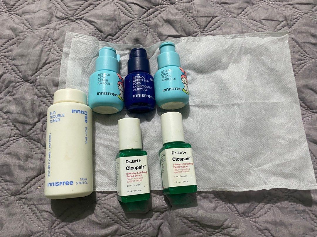 Innisfree - Toner & Serum (Category: Face Care) located in Makati City. Submitted by barbieisbratz (Listing ID 1461449330, Image 1). Description: - Bundle includes Innisfree BHA Trouble Toner. Exp. 2028/05/19 - Comes with Innisfree Retinol Green Tea Seed Hyaluronic Ampoule. Exp. 2027/08/25 -Retinol Cica Repair Ampoule Exp. 2027/10/27 (2pcs) - Perfect for discovering new skincare favorites. Free Dr. Jart+ Cicarepair .