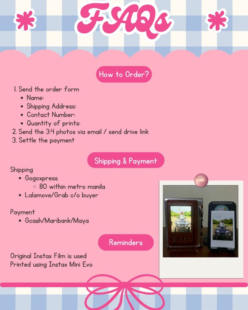 Instax Mini printing services | Instax Prints (Category: Cameras) located in Manila. Submitted by handpicked_tin (Listing ID 1461548137, Image 2). Description: original instax film is used! printed using instax mini evo See photos for more details! Located at sampaloc, manila ☺️ rental cameras available: Instax Mini 70, Instax Mini Evo, Instax Wide 300 Add ons: Instax mini film 10s and 20s Instax wide film 10s and 20s Services available: Instax m