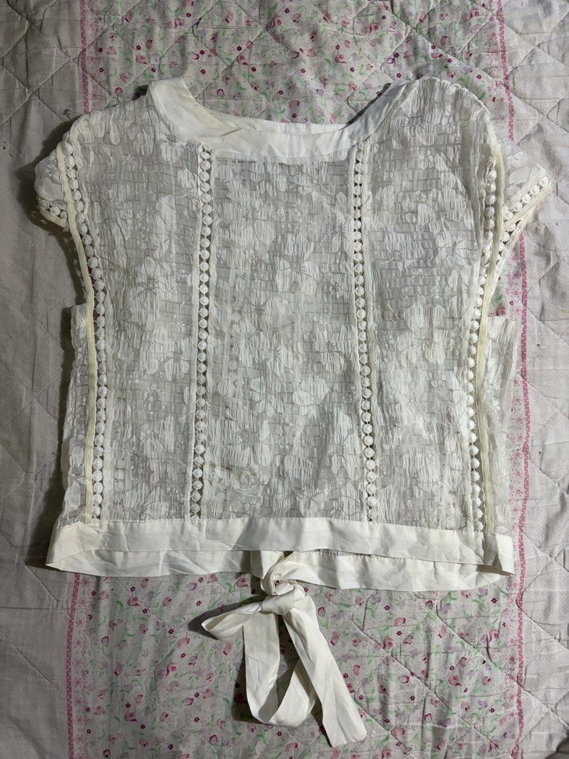 Ivory Lace Top (Category: Blouses) located in Muntinlupa City. Submitted by herellas0504 (Listing ID 1461365202, Image 1). Description: Ivory Lace Top Mine: 150 | Lock: 250 xs-small no issue, need wash only see through need inner.