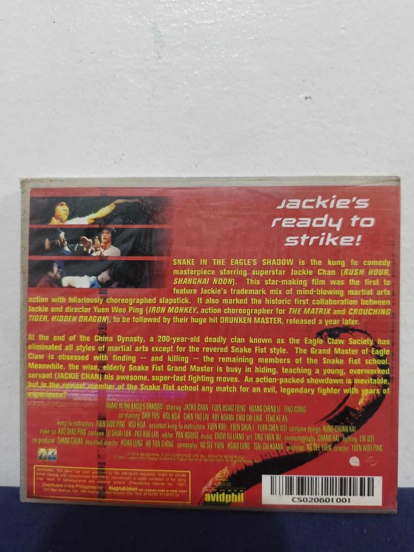 Jackie Chan - Snake in the eagles shadow (Category: CDs & DVDs) located in Cavite. Submitted by bodega_ni_kiks11 (Listing ID 1461427718, Image 2). Description: Snake in the Eagle's Shadow (Jackie Chan) VCD One of Jackie Chan's classic martial arts films featuring action, comedy, and kung fu training scenes that helped define his early career. ✅ VCD Format ✅ Actual item in photos ₱150 only PM for sure buyers. First to confirm gets the item. Shippi