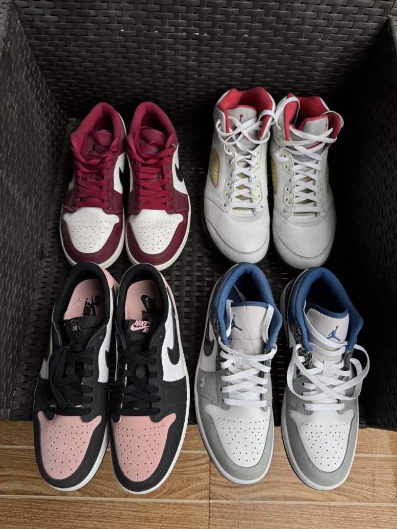 Jordan Shoes (Category: Casual Shoes) located in Santa Rosa. Submitted by southkid.vintage (Listing ID 1461406865, Image 1). Description: Jordan 1 Low Coral (Pink) - US 10 (₱5,000) Jordan 1 Low SE True Blue - US 10 (₱7,000) Jordan 1 Low Noble Red - US 10 (₱4,000) Jordan 5 Fire Red - US 10.5 (₱7,000) authentic pairs with box and extra laces (hahanapin pa) take all for ₱22,000.