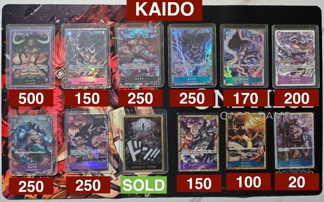 Kaido Collection - One Piece TCG (Category: Raw Singles) located in Manila. Submitted by john.john17 (Listing ID 1461524339, Image 1). Description: Kaido Collection - Check photo for card prices [SR, SEC, Parallels, Gold Dons, Promos] ✅ Prices are YYT based, if not sold out ✅ Prices are mercadrop or mercari based, if sold out in YYT ✅ All cards are M-NM, issues are stated in comments. Not an expert and don't have the tools to properly check so I 