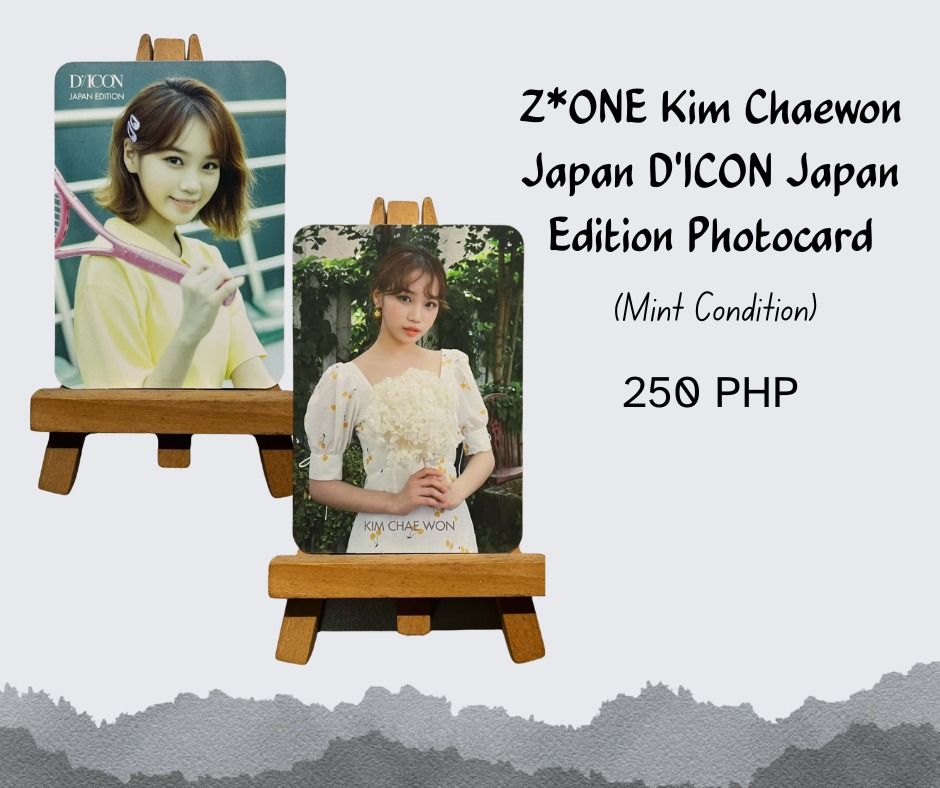 KIM CHAEWON AND CHOU TZUYU PHOTOCARDS (Category: K-Wave Merchandise) located in Caloocan City. Submitted by geo_ridad (Listing ID 1461363069, Image 2). Description: SELLING KIM CHAEWON AND CHOU TZUYU PHOTOCARDS ✦ IZ*ONE Kim Chaewon Japan 1st Full Album Twelve Photocard (Mint Condition) - 400 PHP ✦ IZ*ONE Kim Chaewon Japan D'ICON Japan Edition Photocard (Mint Condition) - 300 PHP ✦ TWICE Chou Tzuyu "Taste of Love" (In Love Version) Photocard (Good