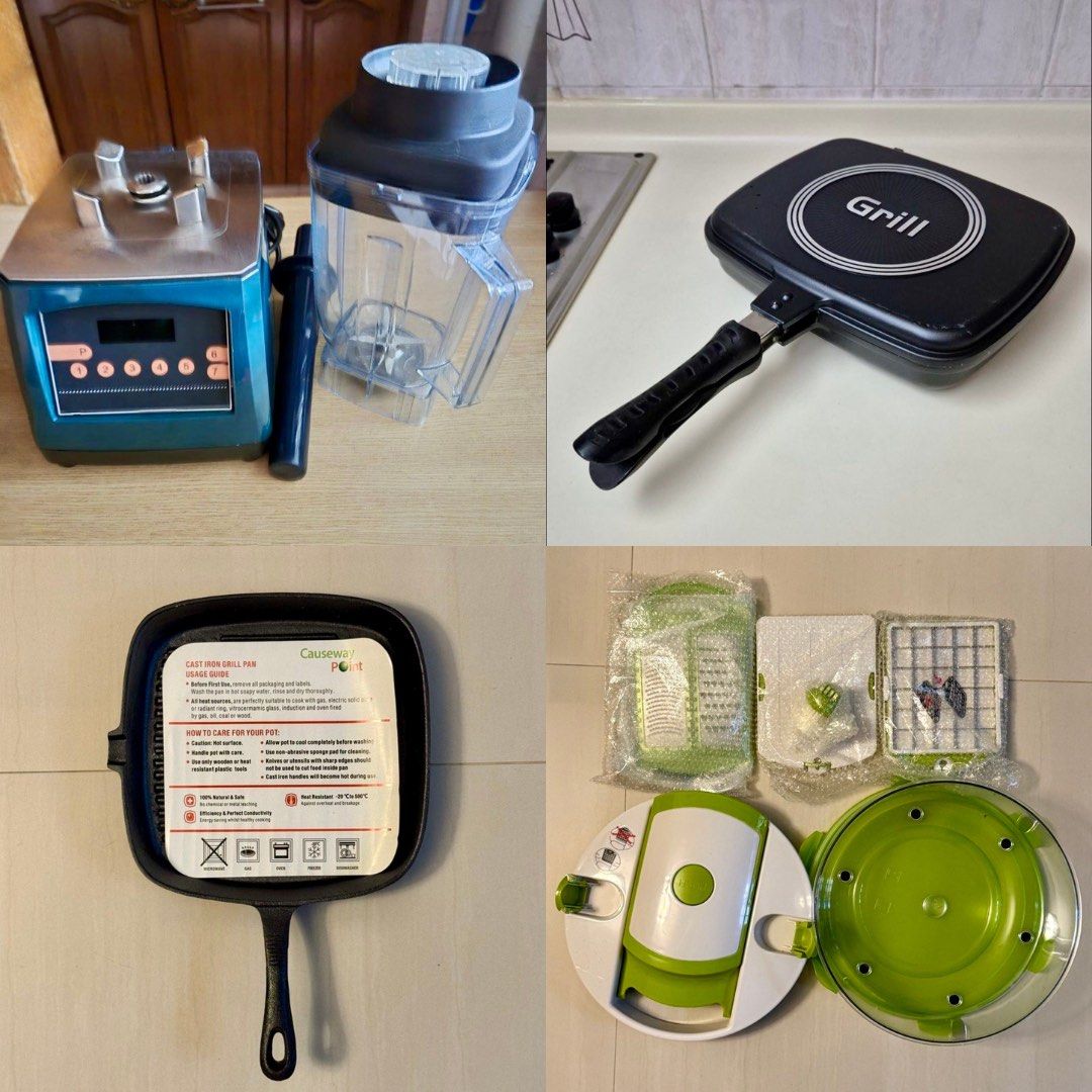 Kitchen Bundle (Category: Other Kitchen Appliances) located in Singapore. Submitted by milobangdino1 (Listing ID 1461341763, Image 1). Description: - blender (well used) - double grill pan (well used) - multipurpose kitchen mate 12 pcs set (brand new) - iron grill pan (brand new) *Selling only as a bundle, not separately ‼️ *Price is slightly negotiable but reasonable price offers only ‼️ *Self Collection at my blk .