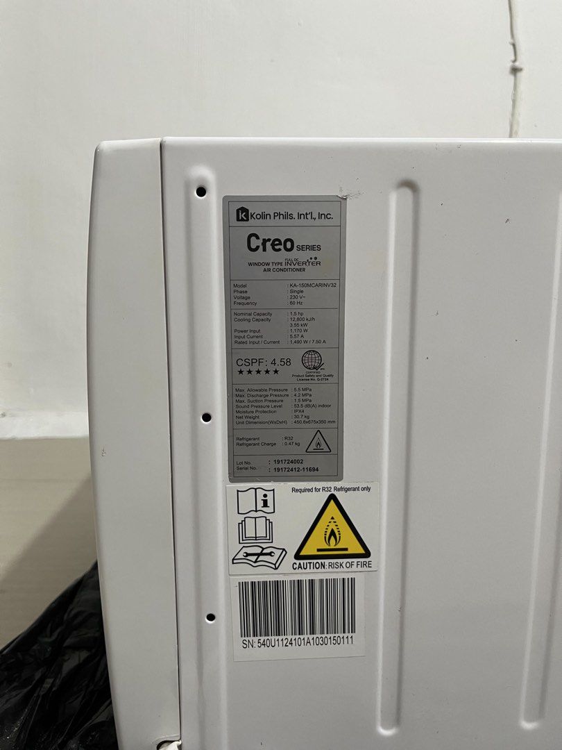 KOLIN AIRCON INVERTER 1.5HP (Category: Air Conditioning and Heating) located in Manila. Submitted by velvetwrist (Listing ID 1461410990, Image 3). Description: KOLIN Creo series Aircon (INVERTER) 1.5HP NO ISSUES.
