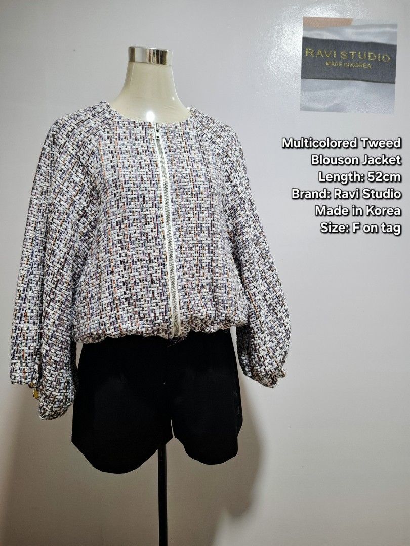 Korean Kpop Multicolored Tweed Blouson Jacket (Category: Coats, Jackets and Outerwear) located in Tarlac. Submitted by reimei12 (Listing ID 1461492192, Image 1). Description: Multicolored Tweed Blouson Jacket Length: 52cm Brand: Ravi Studio Made in Korea Size: F on tag.