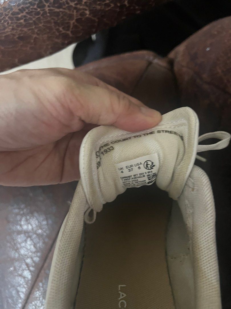Lacoste White Leather Sneakers (Category: Sneakers) located in Manila. Submitted by tinaoangie31124 (Listing ID 1461333880, Image 3). Description: - White Lacoste Sneakers - Genuine Leather Material - Lace-up Style - Size: 37 EUR / 4 UK / 6 US - Perfect for everyday casual wear.