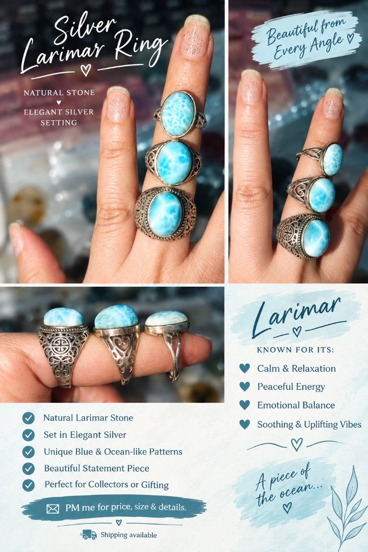 Larimar Rings in pure silver Setting Natural Crystal (Category: Rings) located in Quezon City. Submitted by piaoliangcollections.ph (Listing ID 1461410151, Image 1). Description: Take All bundle. get 3pcs for 10K. All Natural Crystal Gemstone..