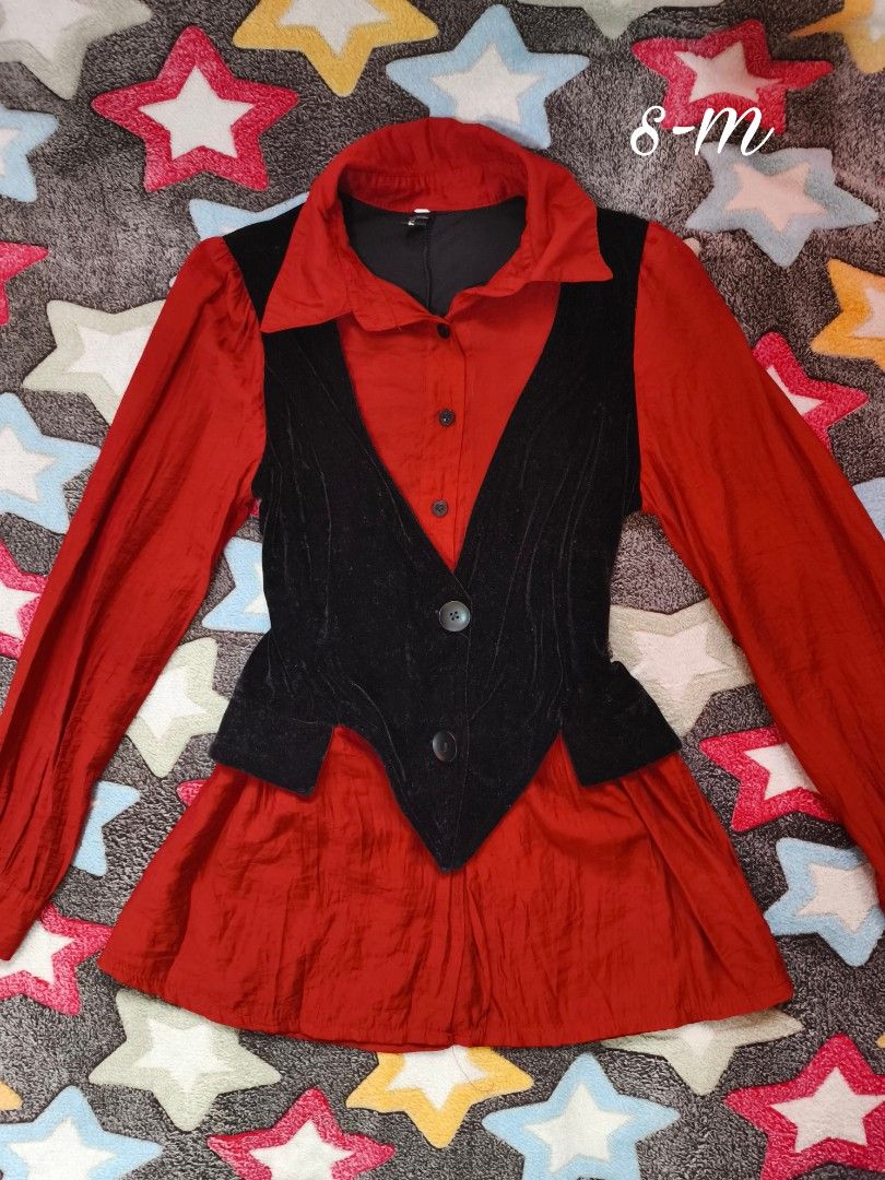 Layered Vest & Collared Tunic Set in One Top (Size S–M) (Category: Longsleeves) located in Cebu City. Submitted by straw.berry.milk.24 (Listing ID 1461546693, Image 1). Description: - Red long-sleeved shirt - Black velvet vest overlay - Button-up shirt front - Vest features a pointed hem.