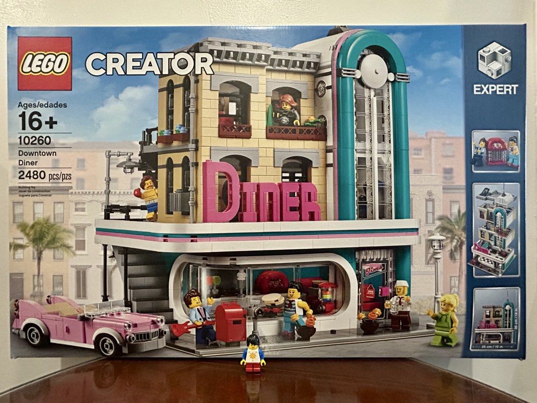 LEGO Creator Expert 10260 — Downtown Diner (Category: Lego & Building Sets) located in Pasig City. Submitted by nobrainer.deals (Listing ID 1461498748, Image 1). Description: LEGO 10260 Downtown Diner — 2,480 pcs | 2018. Iconic 3-level modular building with a 1950s diner, boxing gym and recording studio, plus pink convertible and 6 minifigures. Retired and highly collectible LEGO Modular Building. *** 'Pinoy' minifigure is for size reference only