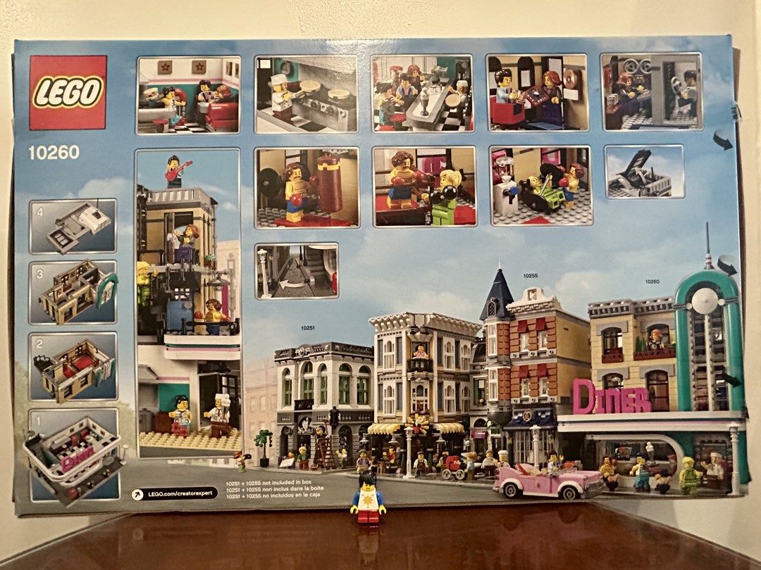 LEGO Creator Expert 10260 — Downtown Diner (Category: Lego & Building Sets) located in Pasig City. Submitted by nobrainer.deals (Listing ID 1461498748, Image 2). Description: LEGO 10260 Downtown Diner — 2,480 pcs | 2018. Iconic 3-level modular building with a 1950s diner, boxing gym and recording studio, plus pink convertible and 6 minifigures. Retired and highly collectible LEGO Modular Building. *** 'Pinoy' minifigure is for size reference only