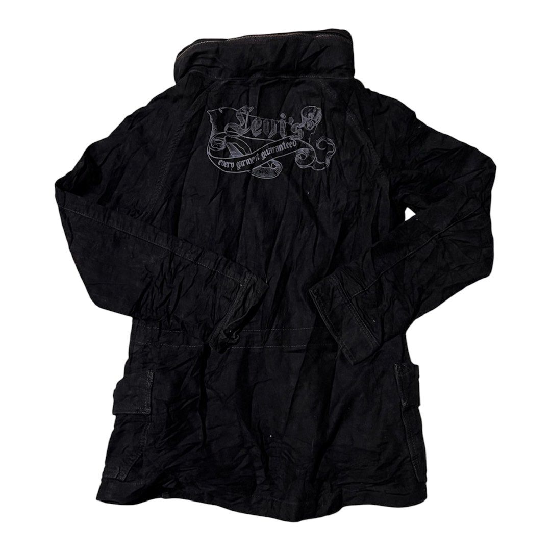 Levi's Black Denim Hooded Jacket (Category: Coats, Jackets and Outerwear) located in Davao. Submitted by thriftitemsss (Listing ID 1461459805, Image 2). Description: Y2k 18x26 - Classic black Levi's jacket - Attached hood for extra warmth - Multiple front pockets for storage - Secure zipper and button closure - Eye-catching graphic print on the back - Made in Macau - 100% Cotton material - Machine wash warm for easy care.
