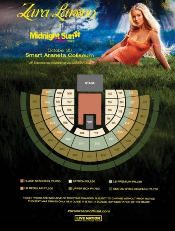 Zara Larsson Patron Seat (Category: Events Tickets) located in Cavite. Submitted by handycam (Listing ID 1461432239, Image 1). Description: 1pc Patron 104 - 16500 E-Ticket (PAYO).