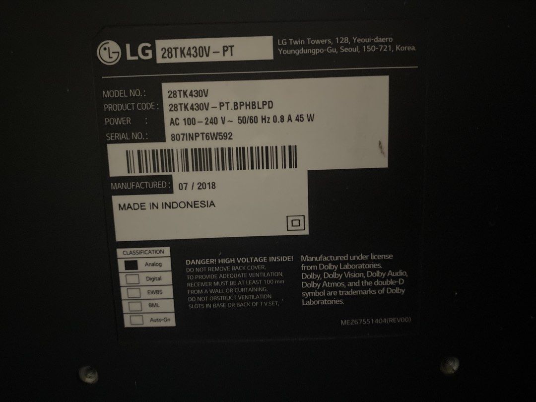 LG 28" 28TK430V-PT HD TV (Category: TV) located in Legazpi City. Submitted by nicolerbnl (Listing ID 1461459343, Image 2). Description: - PRICE IS STILL NEGOTIABLE - RFS: moving out - LG 28-inch HD TV - Model: 28TK430V-PT - Manufactured: 2018 - Ideal for bedrooms or small spaces - Works with 100-240V AC power - Includes power cord.