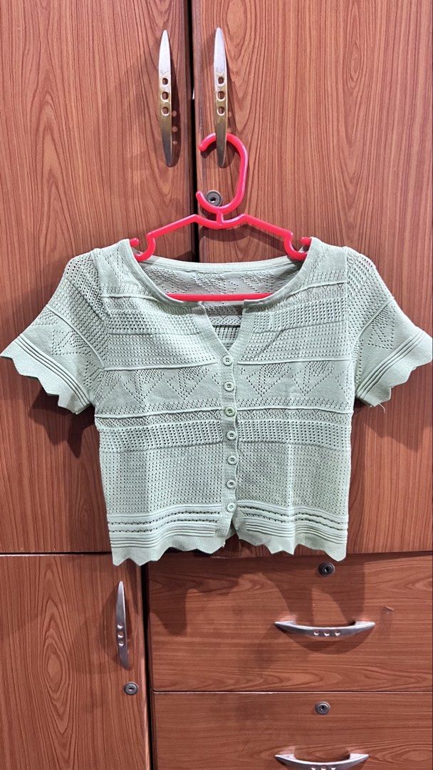 Light Green Crochet Button-Up (Category: Blouses) located in Manila. Submitted by ponyows (Listing ID 1461401888, Image 1). Description: mop: gcash/bpi mod:lalamove /j&t location: sampaloc manila no return & refund.