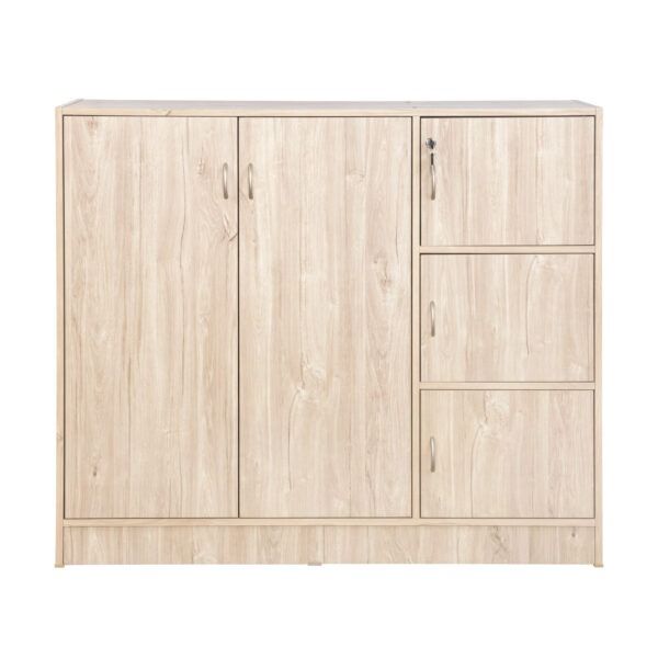 Light Wood 3-Door Cabinet with Lockable Top Compartment (Category: Shelves, Cabinets & Racks) located in Caloocan City. Submitted by allhomeagroputatan_f87429 (Listing ID 1461357926, Image 1). Description: - Light wood cabinet - 3 doors on the left side - 3 drawers on the right side - Top right drawer includes a lock and key - Offers plenty of storage space - Ideal for organizing your belongings - Features a beautiful wood grain finish.