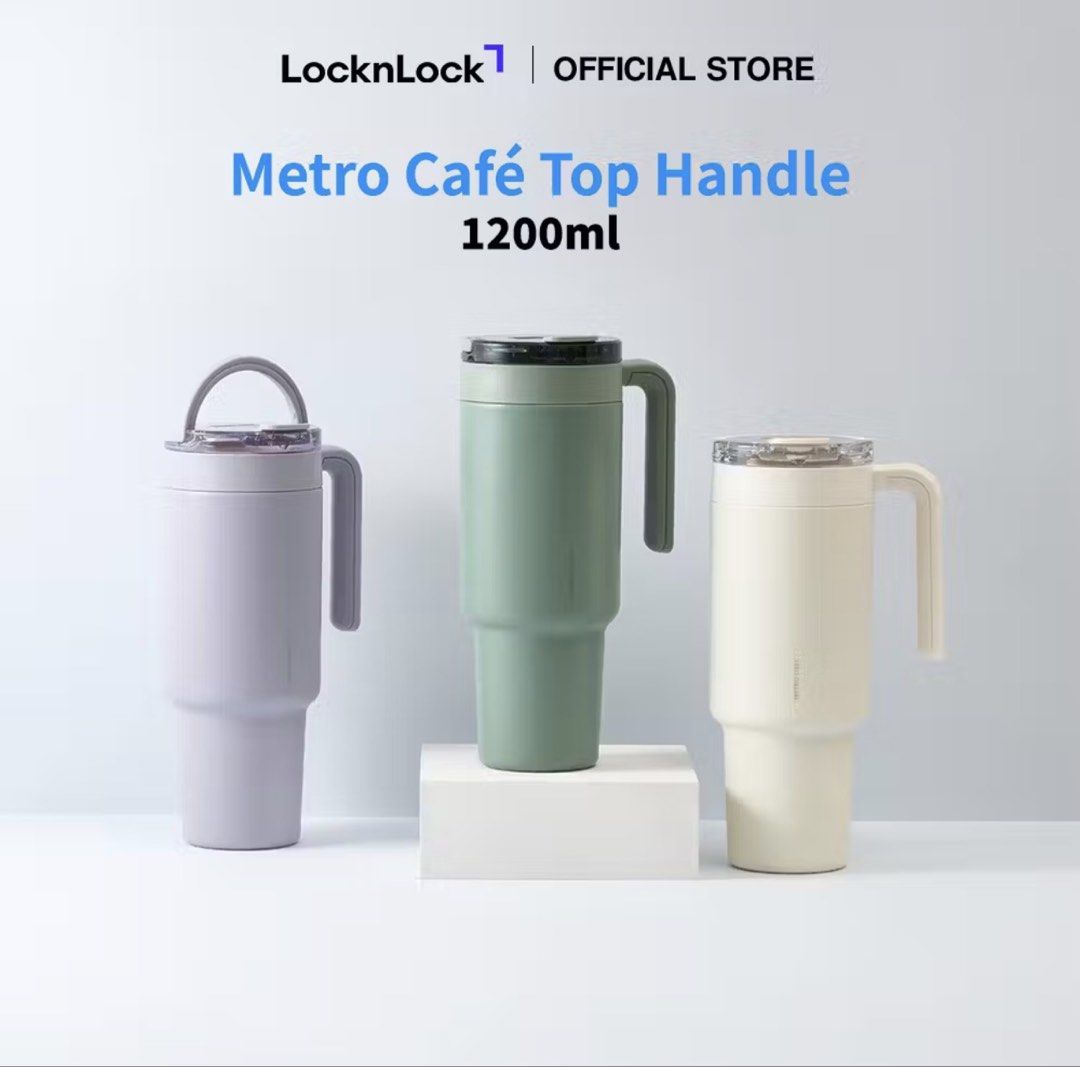 LocknLock Metro Café Top Handle 1200ml Green (Category: Water Bottles & Tumblers) located in Marikina City. Submitted by punch.studioph (Listing ID 1461433089, Image 3). Description: PURE CERAMIC TASTE: No more “metal” flavor. The ceramic lining preserves the rich, authentic taste of your coffee and prevents stubborn stains. FOLDABLE TOP HANDLE: Designed for maximum portability. The sturdy handle provides a secure grip on the go and folds down fl