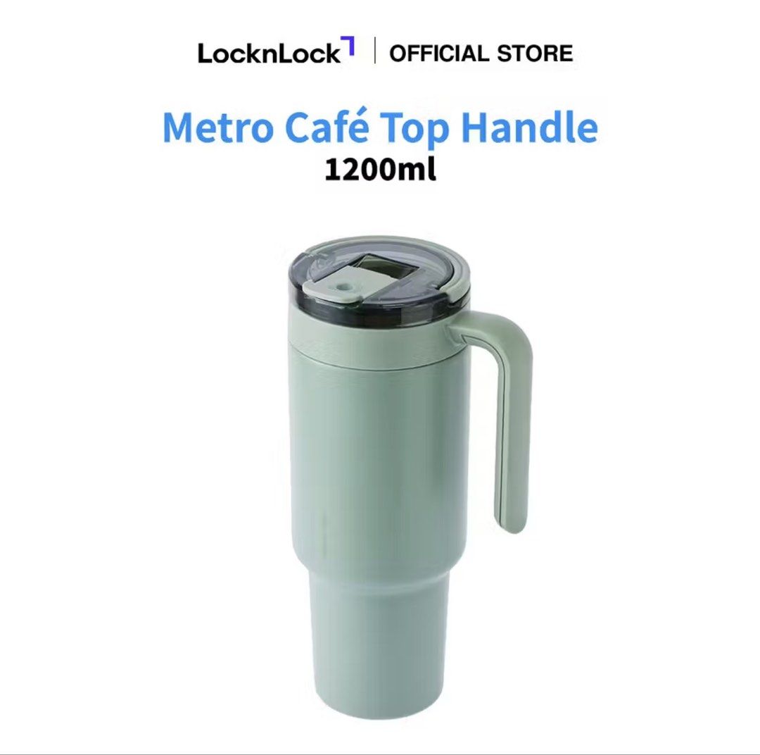 LocknLock Metro Café Top Handle 1200ml Green (Category: Water Bottles & Tumblers) located in Marikina City. Submitted by punch.studioph (Listing ID 1461433089, Image 2). Description: PURE CERAMIC TASTE: No more “metal” flavor. The ceramic lining preserves the rich, authentic taste of your coffee and prevents stubborn stains. FOLDABLE TOP HANDLE: Designed for maximum portability. The sturdy handle provides a secure grip on the go and folds down fl
