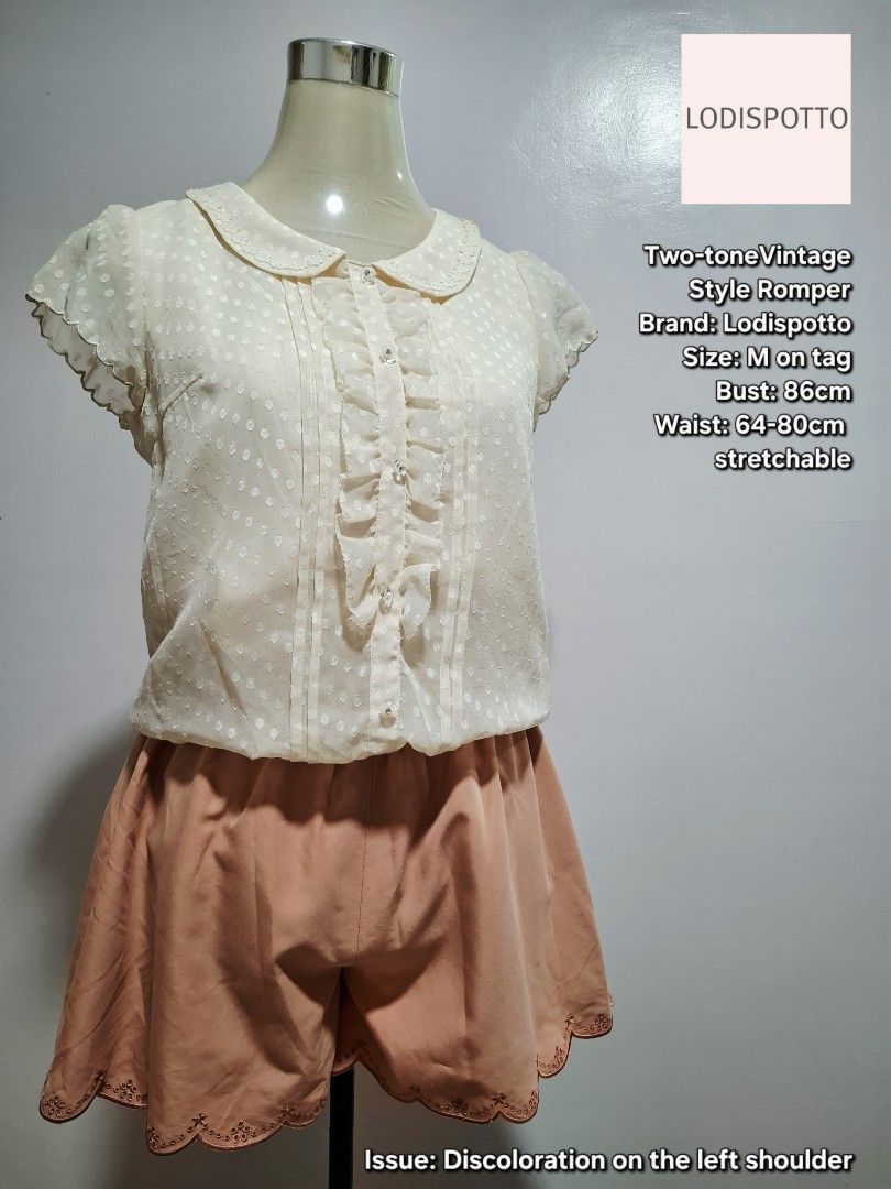 Lodispotto Two-tone Vintage-style Romper (Category: Rompers) located in Tarlac. Submitted by reimei12 (Listing ID 1461493780, Image 1). Description: Two-tone Vintage-style Romper Brand: Lodispotto Size: M on tag Bust: 86cm Waist: 64-80cm stretchable Issue: Discoloration on the left shoulder.