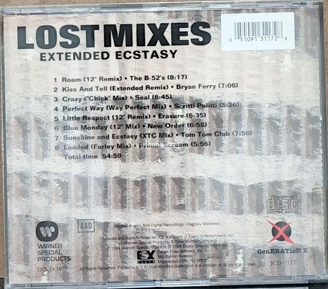 Lost Mixes Extended Ecstasy CD Compilation (Category: CDs & DVDs) located in Manila. Submitted by ruelcabrer77078 (Listing ID 1461547081, Image 3). Description: - Compilation CD featuring extended remixes - Artists include: B-52's, Bryan Ferry, Seal, Scritti Politti, Erasure, New Order, Tom Tom Club, Primal Scream - Released in 1994 - Total playtime: 54:59 - Great collection for fans of dance and electronic music.