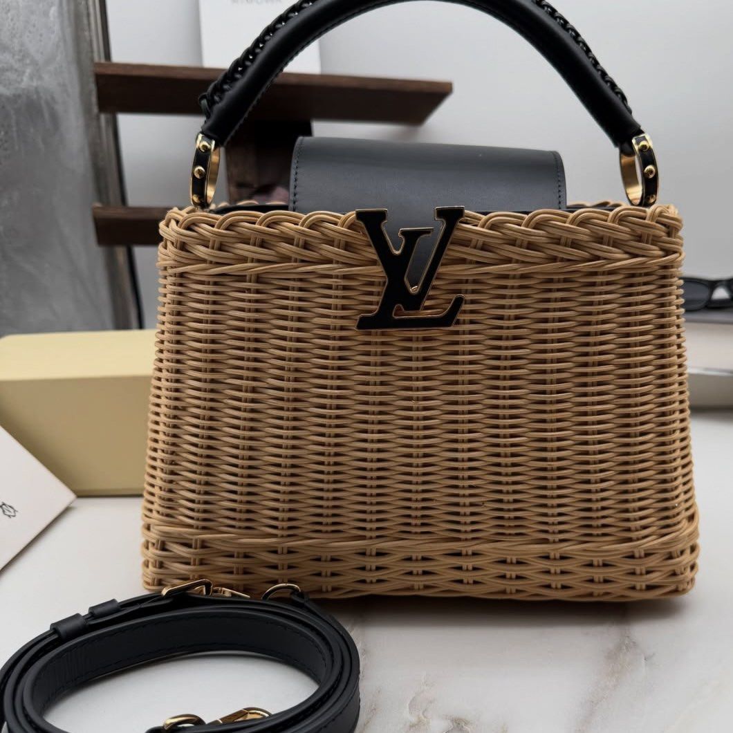 Louis Vuitton Capucines BB Rattan Bag - Black (Category: Beach Bags) located in Makati City. Submitted by lottielabouff (Listing ID 1461502054, Image 1). Description: Louis Vuitton Capucines BB Rattan Bag Color: Black Width : 10.63” / 27cm Depth : 5.51” / 14cm Height : 7.09” / 18cm Shoulder strap : 49.21” / 125cm [PRICE] Bought for 441K JPY (180,000 PHP) Selling for 58000 PHP • Selling my bags for affordable price • Price is still negotiable, dro