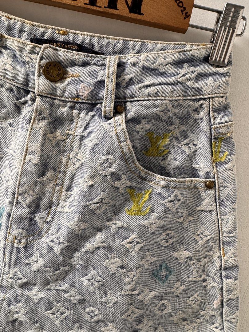 Louis Vuitton Monogram Denim Shorts (Category: Shorts) located in Cavite. Submitted by aldrindela40142 (Listing ID 1461534476, Image 3). Description: - Light wash denim shorts - All-over LV monogram print - Colorful embroidered LV logos on front pockets - Leather patch and cloud detail on back - Button and zip closure - High-waisted style.