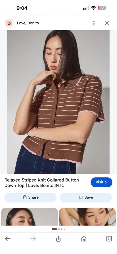 Love, Bonito Relaxed Striped Knit Collared Button Down Top M (Category: Blouses) located in Paranaque City. Submitted by corinne_see (Listing ID 1461483970, Image 1). Description: - Brown knit top with pink stripes - Short sleeves - Collared neckline with cute scalloped trim - Button-down front - Relaxed fit - Size M.