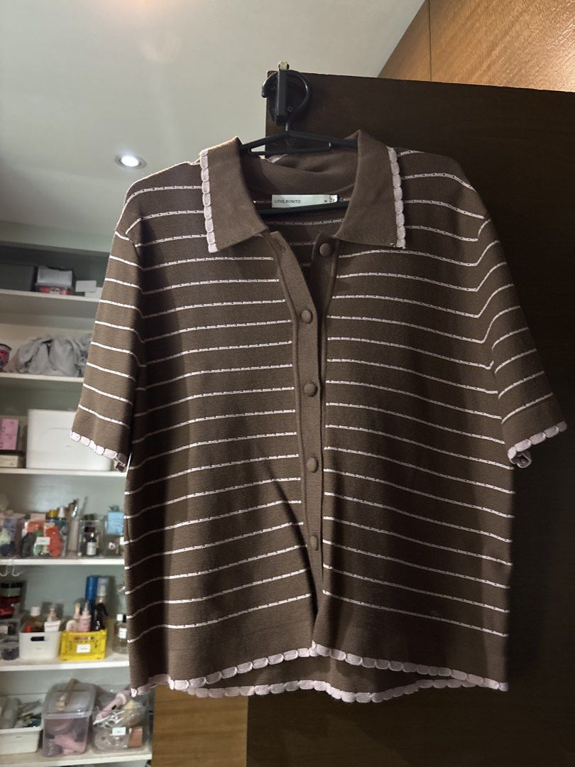 Love, Bonito Relaxed Striped Knit Collared Button Down Top M (Category: Blouses) located in Paranaque City. Submitted by corinne_see (Listing ID 1461483970, Image 3). Description: - Brown knit top with pink stripes - Short sleeves - Collared neckline with cute scalloped trim - Button-down front - Relaxed fit - Size M.
