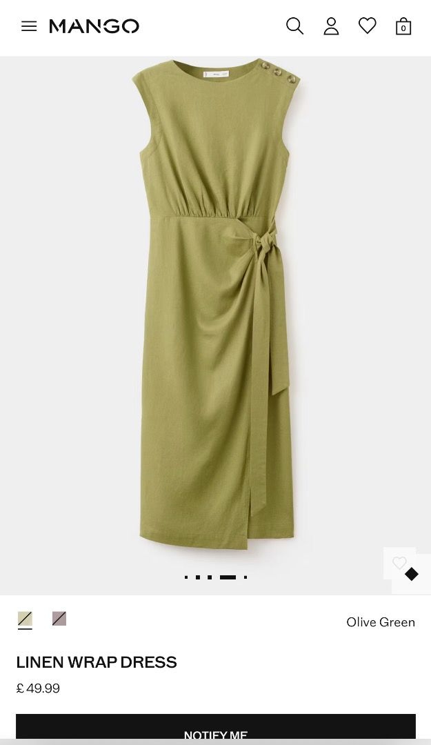 Mango Linen Wrap Dress - Olive Green (Category: Dresses) located in Mandaluyong City. Submitted by unworntobarelyworn (Listing ID 1461334595, Image 1). Description: - Brand new Mango linen wrap dress - Color: Olive Green - Style: Sleeveless, midi length - Features: Tie waist, button details on shoulder - Condition: Never worn - Versatile: Perfect for dressing up or office attire - Can fit XS to S - Original price P3,295.