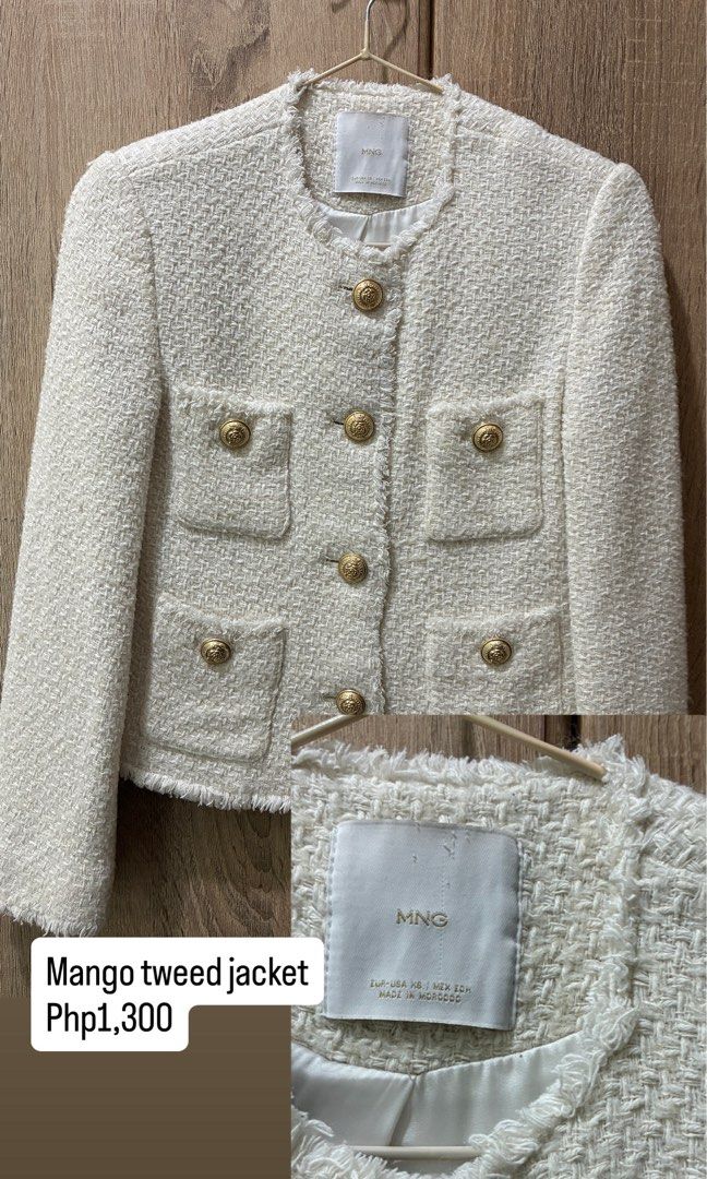 Mango White Tweed Jacket with Gold Buttons (Category: Coats, Jackets and Outerwear) located in Makati City. Submitted by kmc01 (Listing ID 1461484624, Image 1). Description: - White tweed jacket from Mango - Features elegant gold button details - Includes practical front pockets - Stylish frayed hem and cuffs for a chic look - Classic design, versatile for dressing up or down.