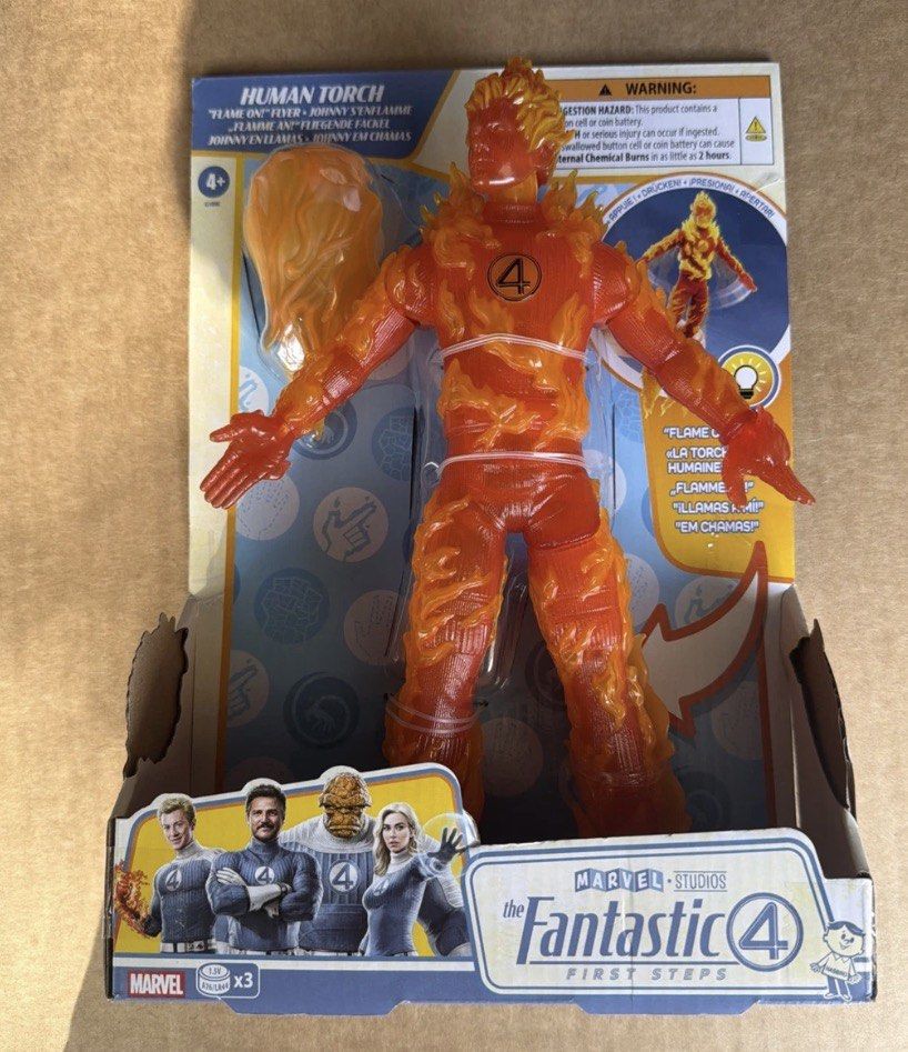 清貨大減❗️Marvel Studios Fantastic Four Human Torch First Steps Toy 火人 神奇四俠 （分類：手辦雕像）位於 Hong Kong。 由 hayyoo 提交（商品編號 1461415493，圖片 1）。簡介： Human Torch action figure from Marvel Studios' Fantastic Four First Steps line. Comes in original packaging. Figure is designed to look like the character in flames. Great for collectors or fans of the Fantastic Four. Recommended for ages 4 and up.。