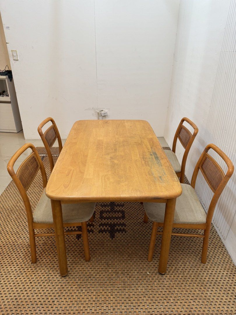 Matsuda 4 seater dining set (Category: Tables & Sets) located in Quezon City. Submitted by matetdevis13 (Listing ID 1461507934, Image 3). Description: MATSUDA Wooden 4-Seater Dining Set with Mesh Backrest Price: 11,500 Table: L55 x W31.5 x H27.5 Chair: L18 x W17 x H30.5/16 In good condition Code MJS68-RP5.
