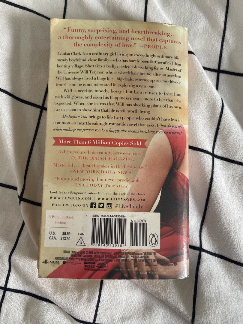 Me Before You by Jojo Moyes - Novel (Category: Storybooks) located in Pasig City. Submitted by ceejay_29 (Listing ID 1461398016, Image 2). Description: - Me Before You novel by Jojo Moyes - New York Times Bestseller - Adapted into a major motion picture - A heartwarming and heartbreaking story about love and life - Over 6 million copies sold worldwide.