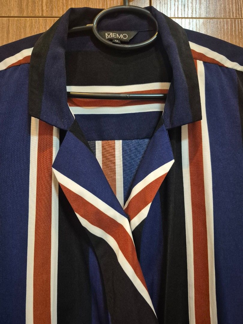 MEMO Striped Long Sleeve Shirt (Category: Longsleeves) located in Las Pinas. Submitted by shinecandaba (Listing ID 1461477660, Image 2). Description: Striped long sleeve shirt from MEMO. Features a mix of blue, white, brown, and black stripes. Collared neckline with button closure. Great for casual wear or office attire..