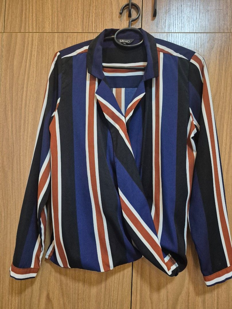 MEMO Striped Long Sleeve Shirt (Category: Longsleeves) located in Las Pinas. Submitted by shinecandaba (Listing ID 1461477660, Image 1). Description: Striped long sleeve shirt from MEMO. Features a mix of blue, white, brown, and black stripes. Collared neckline with button closure. Great for casual wear or office attire..