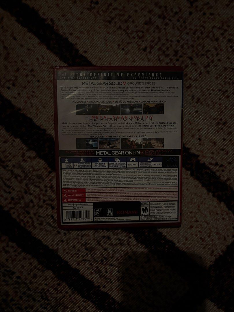 Metal Gear Solid V The Definitive Experience (Category: PlayStation) located in Cavite. Submitted by jakeconnor (Listing ID 1461521871, Image 2). Description: - Metal Gear Solid V: The Definitive Experience - Includes Metal Gear Solid V: Ground Zeroes - Metal Gear Solid V: The Phantom Pain - Metal Gear Online Good as new ~ Chat me for more info or pics. .