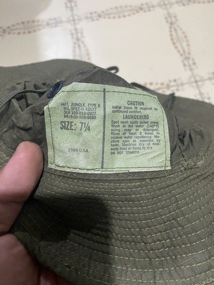 Military Jungle Hat (Category: Caps & Hats) located in Cebu City. Submitted by hustler_69 (Listing ID 1461433200, Image 3). Description: Military jungle hat 1986 made in u.s.a Small-medium fitting Excellent condition Details are all posted.