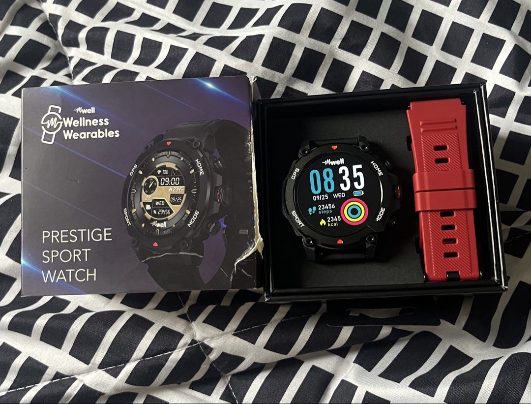 mWell Prestige Sport Smartwatch (Category: Wearables & Smart Watches) located in Manila. Submitted by harrypags (Listing ID 1461357862, Image 3). Description: Steal price below SRP - mWell Prestige Sport Smartwatch - your all-in-one fitness tracker! - Built-in GPS, Compass, Altimeter, and Barometer for outdoor adventures. - Track over 100 different exercises with precision. - Monitor your Heart Rate, SPO2, and Blood Pressure on the go. - Counts y