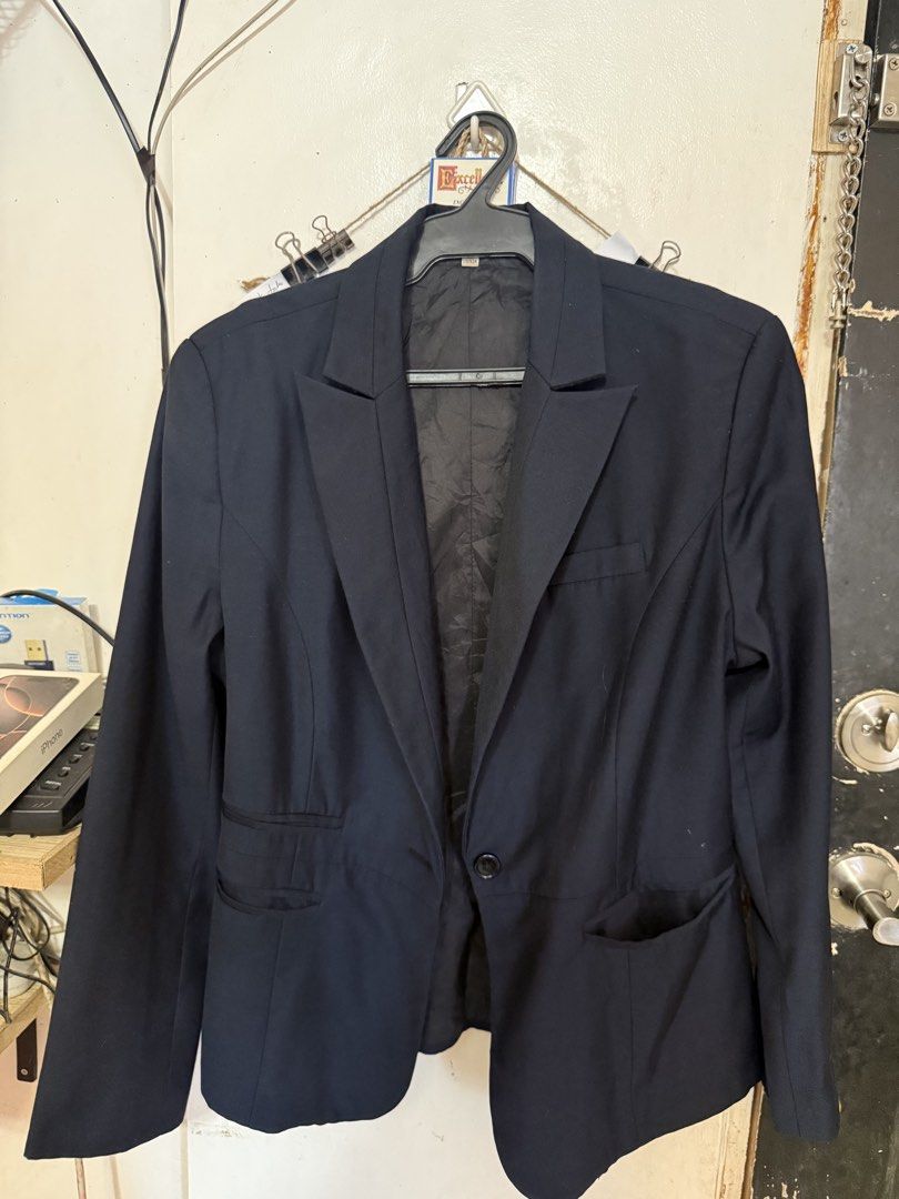 Navy Blue Blazer (Category: Coats, Jackets and Outerwear) located in Quezon City. Submitted by sunnyseven7 (Listing ID 1461362902, Image 1). Description: XL on tag But fits S-L best Missing button at the back.